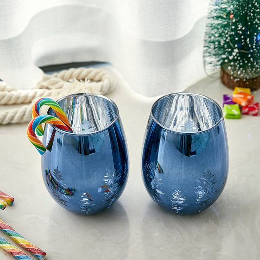Crystal Christmas Tree Stemless Wine & Water Glasses - Set of 2 - Holiday Themed Vibrant Blue Etched Winter Snow Wonderland Frosted Glass, Perfect For Seasonal Parties, Gifts for Him & Her Trees Décor