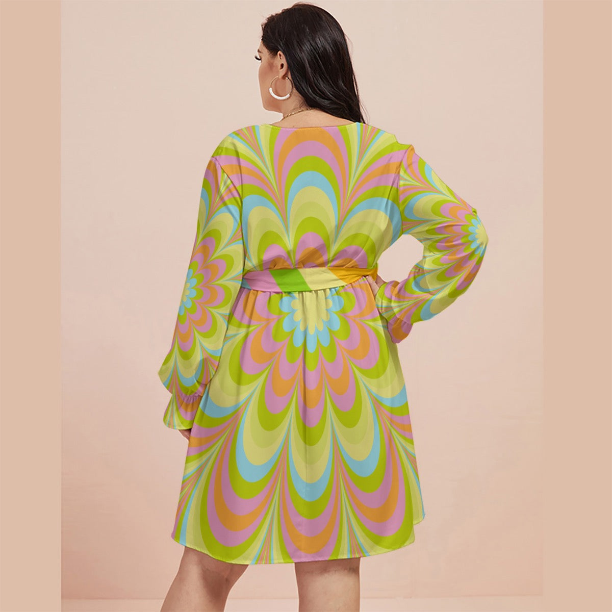 Pop Green Flowers Women's V-neck Dress With Waistband (Plus Size)