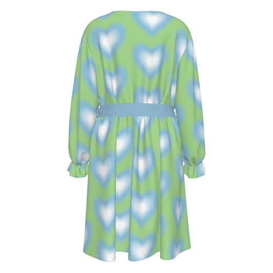 Blurred Blue Heart Women's V-neck Dress With Waistband(Plus Size)