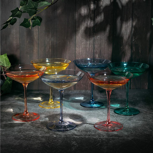 Colored Vintage Glass Coupes 12oz by The Wine Savant - Colorful Cocktail, Martini & Champagne Glasses, Prosecco, Mimosa Glasses Set, Cocktail Glass Set, Bar Glassware Luster Glasses (6, Multicolored)