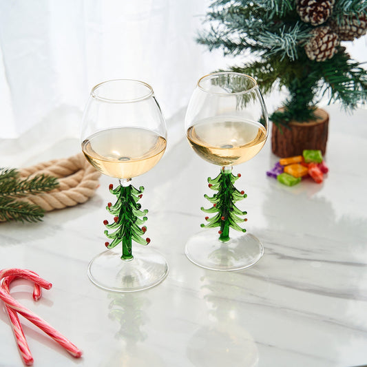 Crystal Green Christmas Tree Wine Glasses - Set of 2, 10oz Goblets for Holiday Parties and New Year's