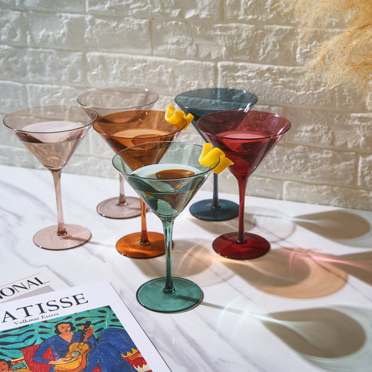 Colored Crystal Martini & Cocktail Glass Set of 6, Gift For Her, Wife, Mom Friend - Large 10 oz Glasses, Unique Italian Style Tall Drinkware - Drinkware, Dinner, Color Beautiful Glassware - (Pastel)