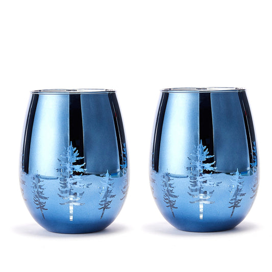 Crystal Christmas Tree Stemless Wine & Water Glasses - Set of 2 - Holiday Themed Vibrant Blue Etched Winter Snow Wonderland Frosted Glass, Perfect For Seasonal Parties, Gifts for Him & Her Trees Décor