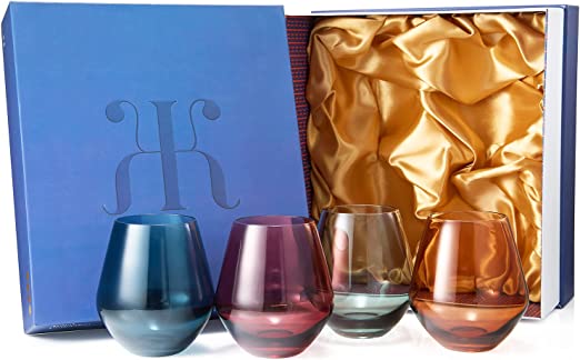Colored Stemless Crystal Wine Glass Set of 4, Gift For Her, Him, Wife, Friend - Large 16 oz Glasses, Unique Italian Style Tall Drinkware - Red & White, Dinner, Color Beautiful Glassware - (Pastel)