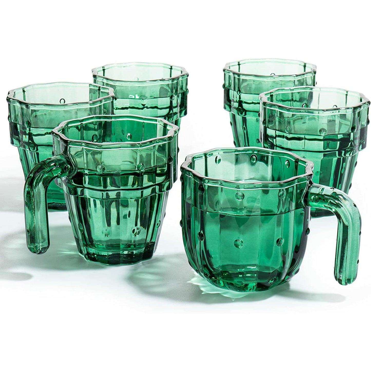 Cactus Stackable Glasses, Stacktus Gifts, Set of 6-10 oz Cactus Shape Glasses With Handles Green Glass Blown Figurines Plant Decorations for Parties 3.5" H 5" W - Copyright Design, Patent Pending
