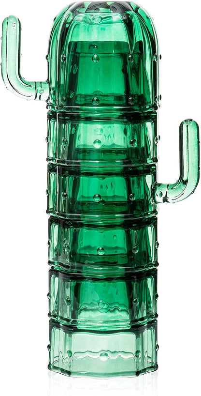 Cactus Stackable Glasses, Stacktus Gifts, Set of 6-10 oz Cactus Shape Glasses With Handles Green Glass Blown Figurines Plant Decorations for Parties 3.5" H 5" W - Copyright Design, Patent Pending