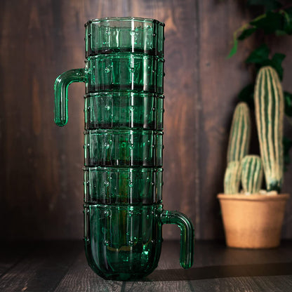 Cactus Stackable Glasses, Stacktus Gifts, Set of 6-10 oz Cactus Shape Glasses With Handles Green Glass Blown Figurines Plant Decorations for Parties 3.5" H 5" W - Copyright Design, Patent Pending