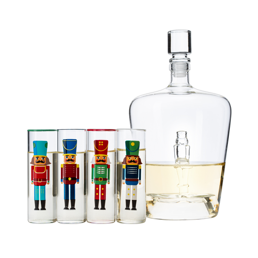 Nutcracker Decanter & Glasses, Set of 5 - Glassware Nutcrackers Theme & Shot Glass, Wine & Spirits - 40oz Bottle & 2oz - Holiday Spirit & Cheer Decor, Festive Themed Winter, Xmas Decorations