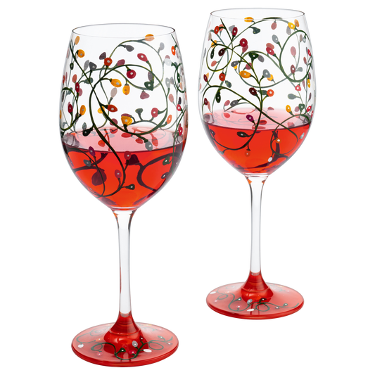 Stemmed Christmas Lights Wine Glasses Set of 2 - Hand Painted Wine Glass Ornament Light Bulbs Glasses, Perfect for Wine, Champagne, Holiday Parties and Festivities - 9.5" High, 21 oz Capacity