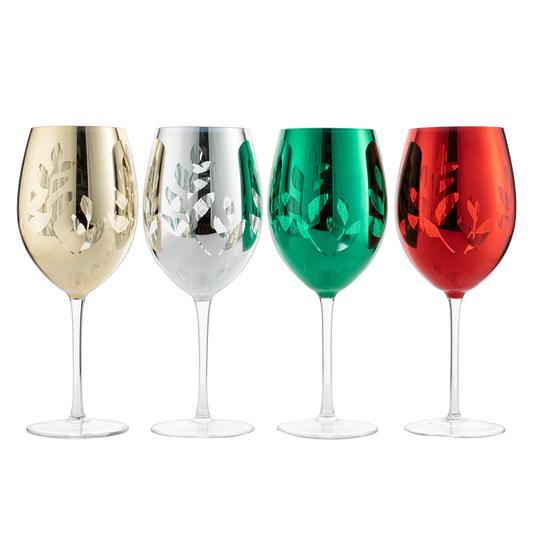 Multicolor 4-Piece Tree Stemless Wine & Water Glasses - Shining Red Green Yellow Silver, Perfect Housewarming Parties, Unique, Elegant Glassware, Glass Trees Decor, Kitchen Home Decorations (Stemmed)
