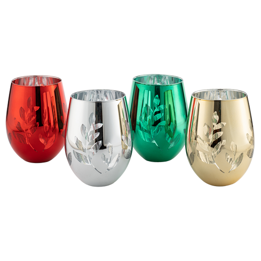 Multicolor 4-Piece Tree Stemless Wine & Water Glasses - Shining Red Green Yellow Silver, Housewarming Gift For Her, Him Party Décor, Colored Glass Trees Décor, Kitchen Home Decoration (Stemless)