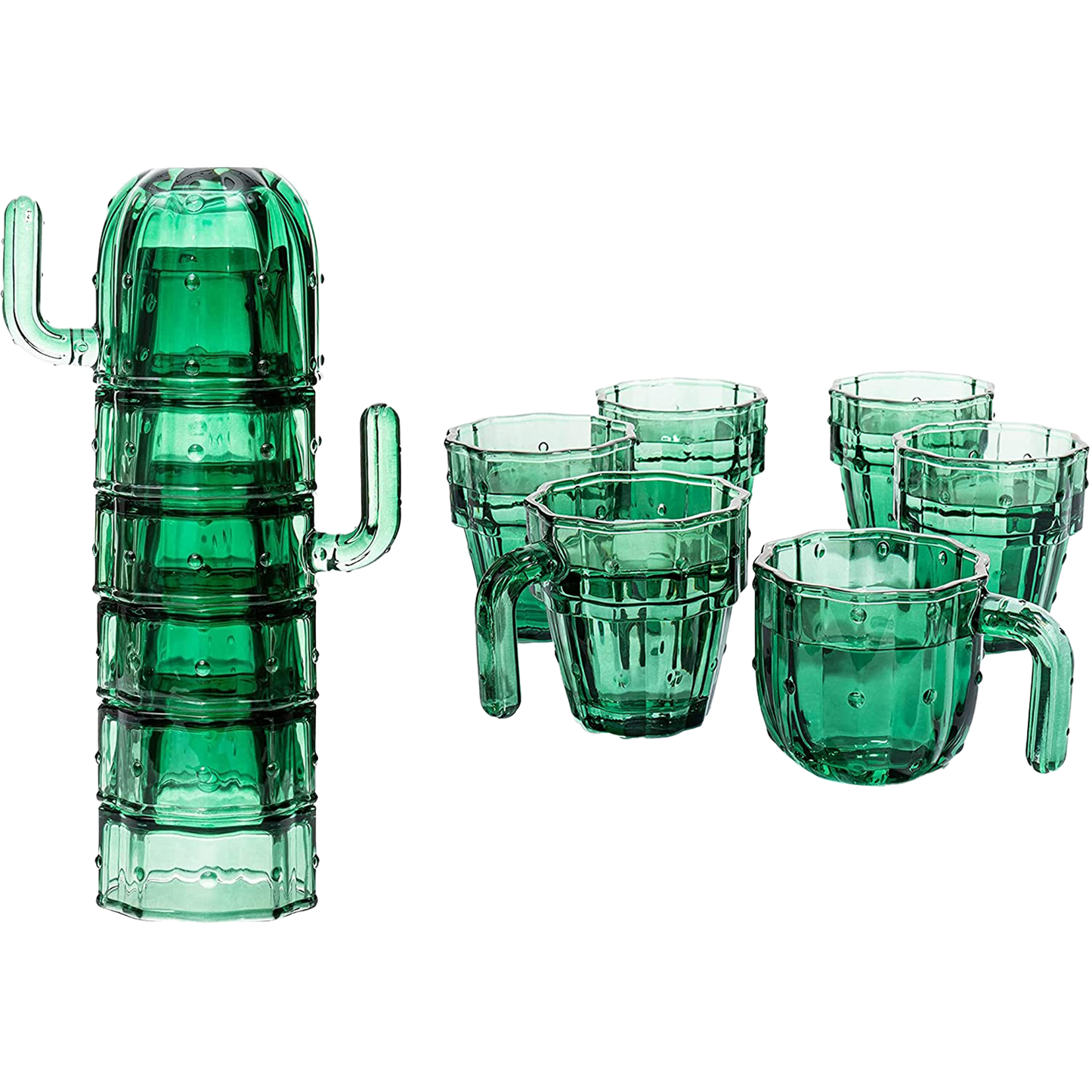 Cactus Stackable Glasses, Stacktus Gifts, Set of 6-10 oz Cactus Shape Glasses With Handles Green Glass Blown Figurines Plant Decorations for Parties 3.5" H 5" W - Copyright Design, Patent Pending
