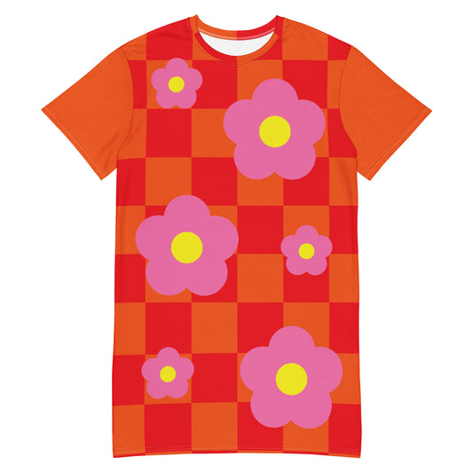 T-Shirt Kleid Kariert Rosa Blumen