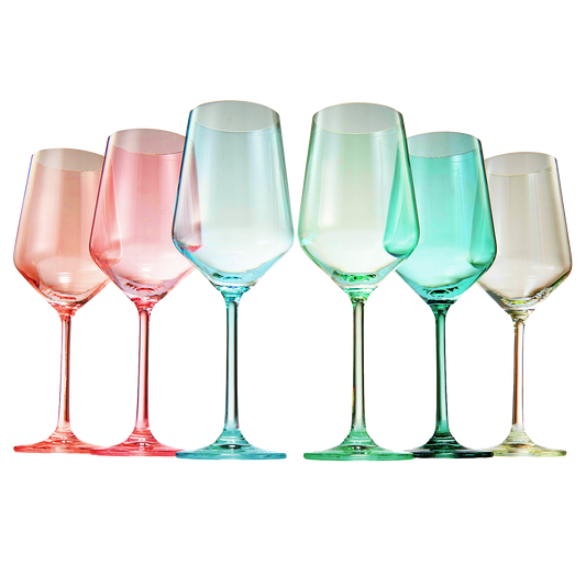 Colored Crystal Wine Glass Set of 6, Gift For Mothers Day, Her, Wife, Mom Friend - Large 12 oz Glasses, Unique Italian Style Tall Drinkware - Red & White, Dinner, Beautiful Glassware - (Summer)