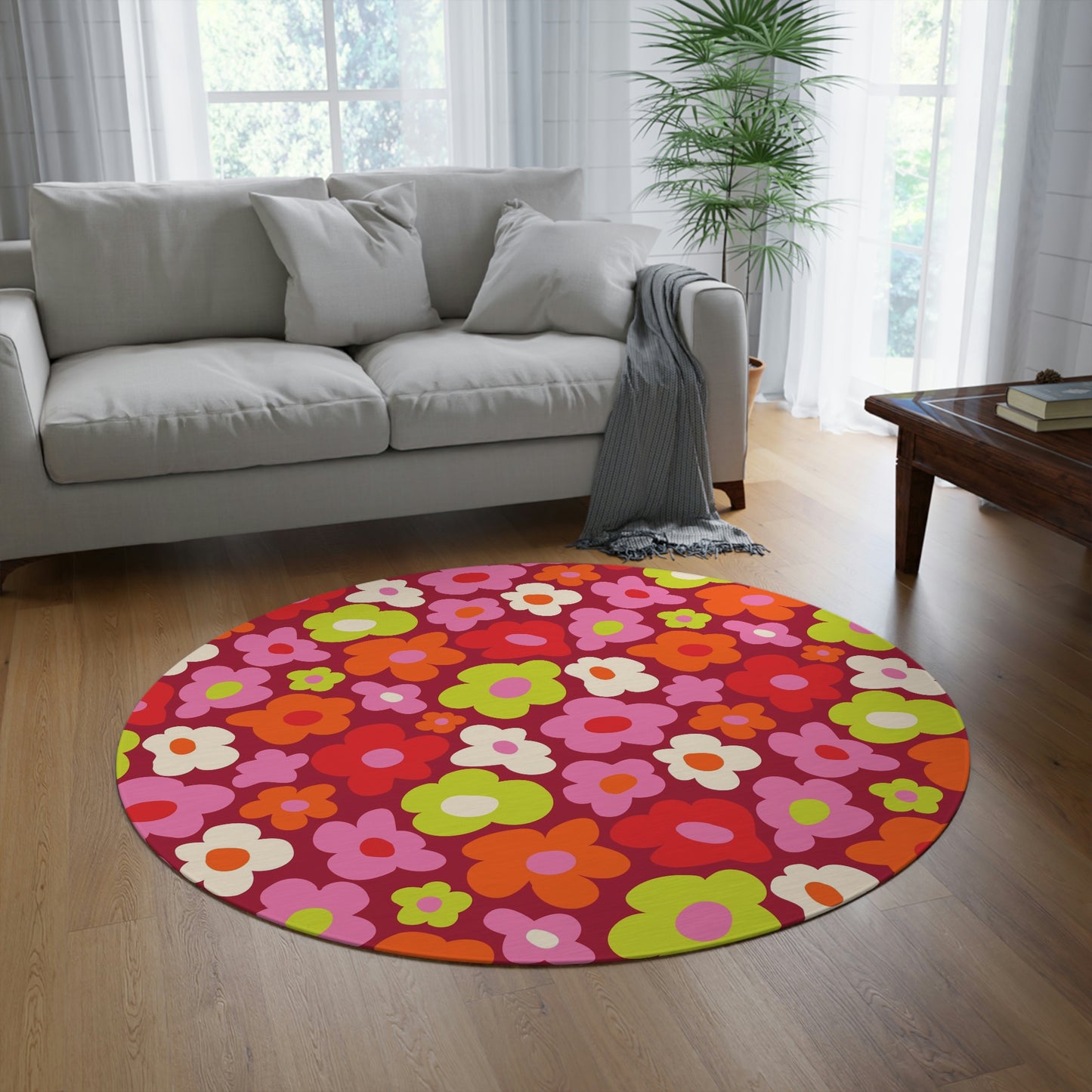 Round Rug Flowers red