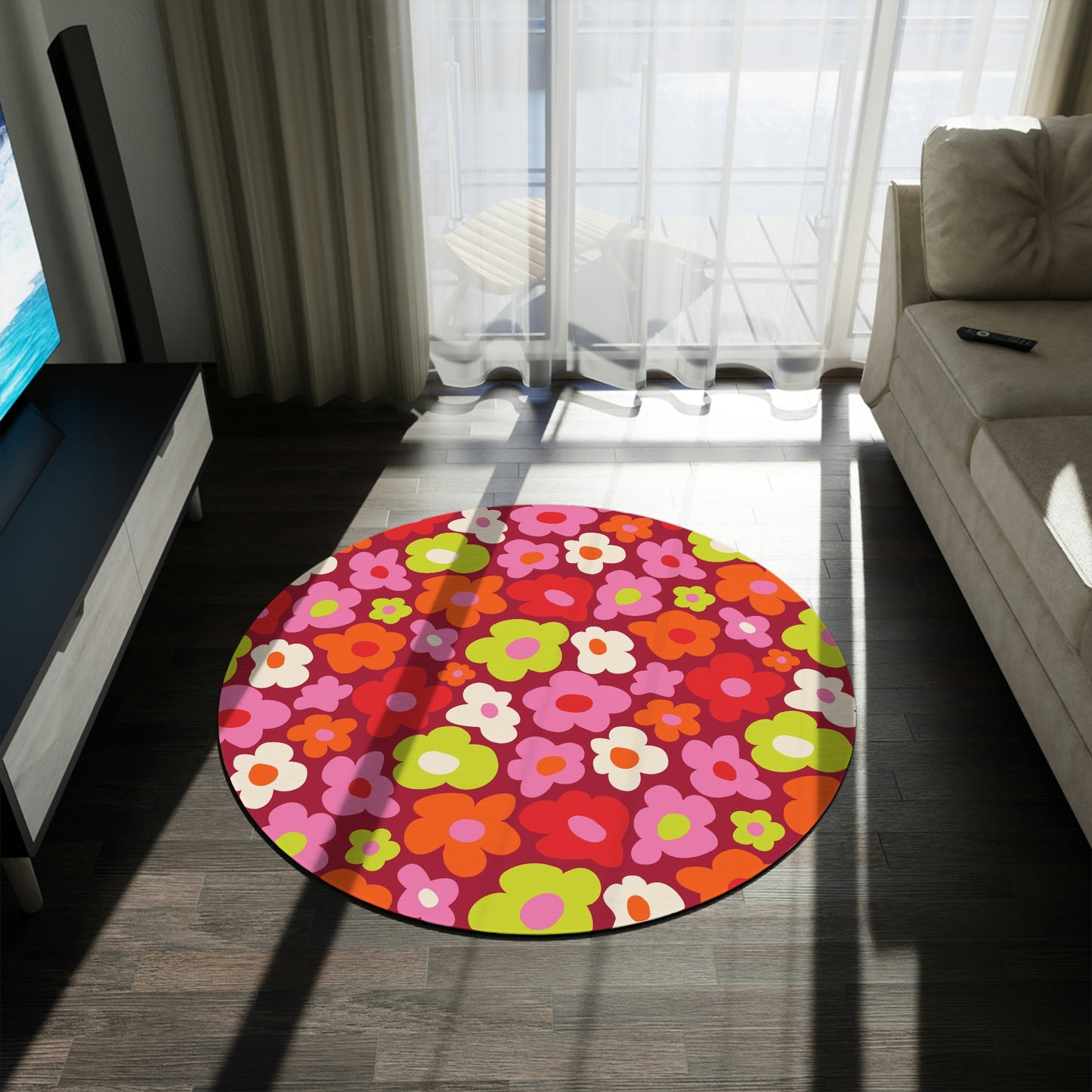 Round Rug Flowers red