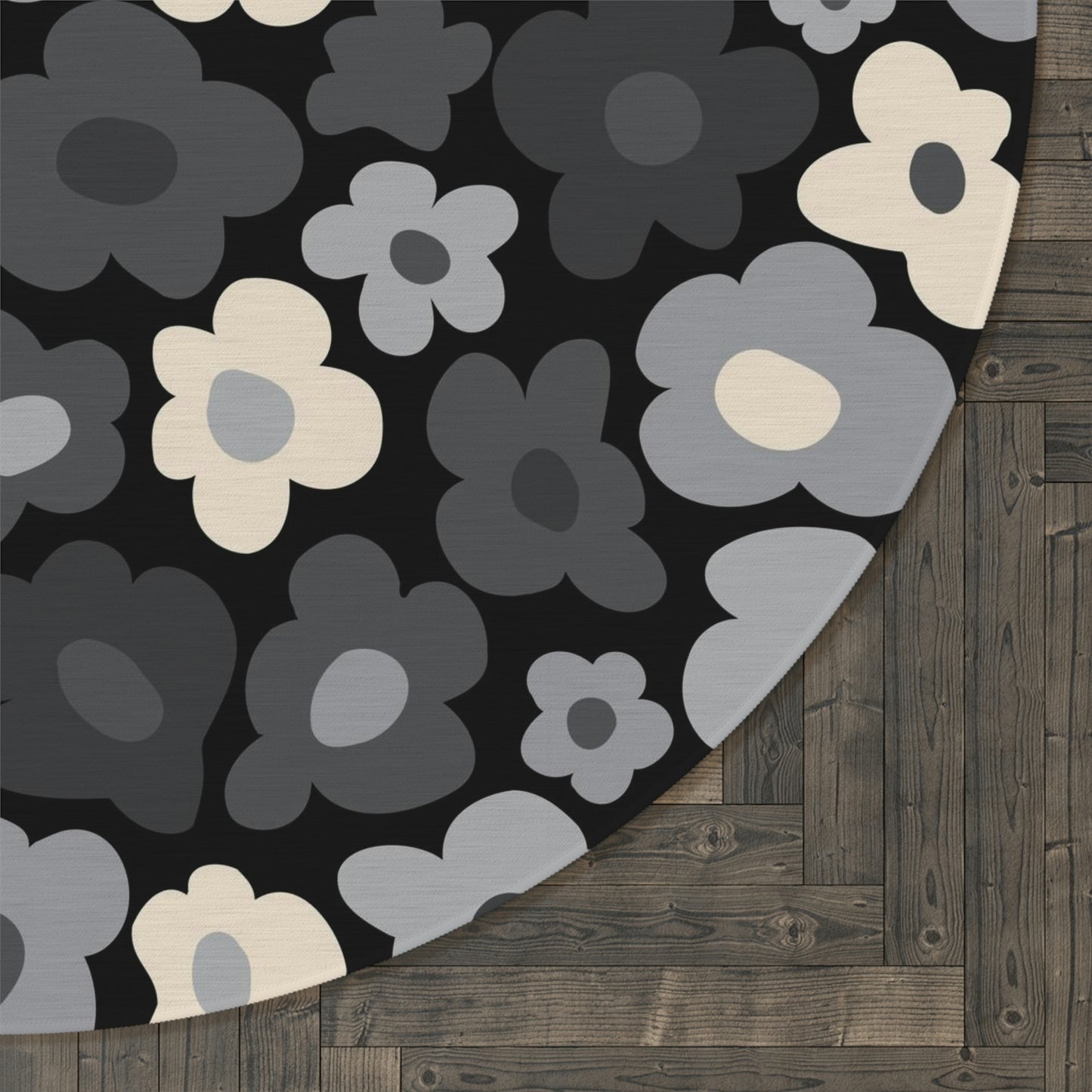 Round Rug Flowers grey