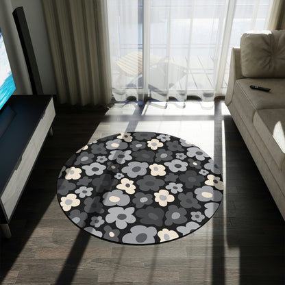 Round Rug Flowers grey