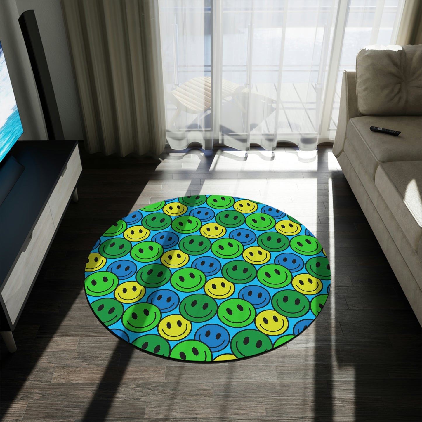 Round Rug Happy Face pattern green/blue