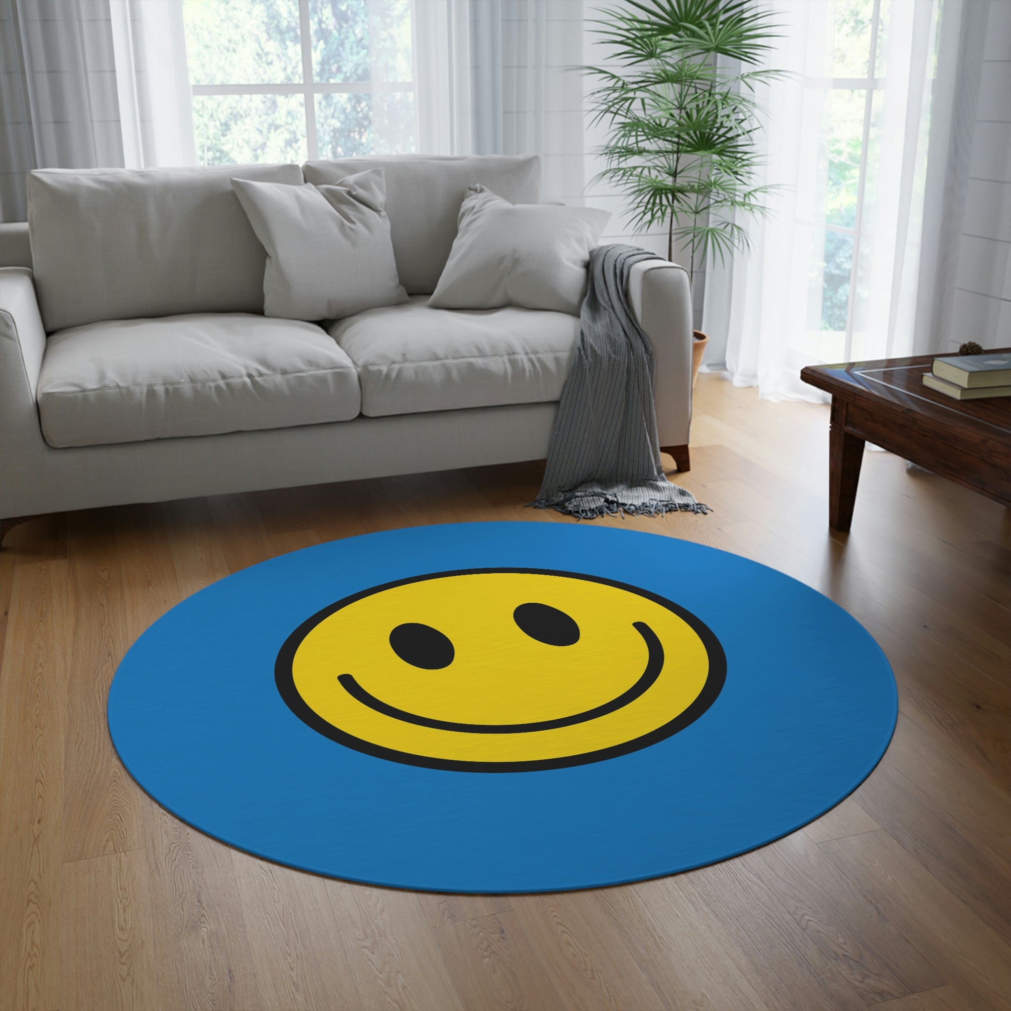 Runder Teppich Happy Face Muster gelb/blau 