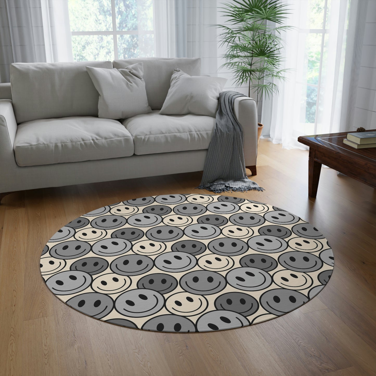 Round Rug Happy Face pattern 1 grey