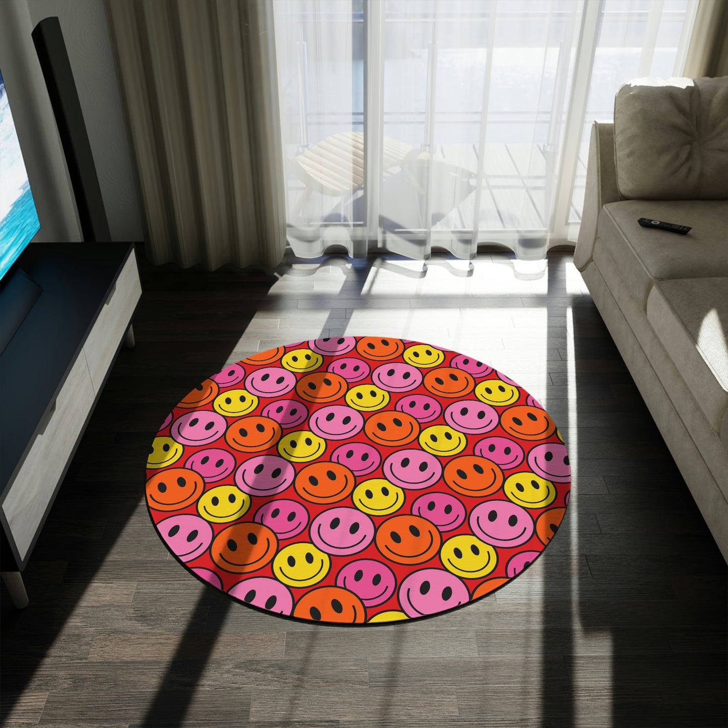 Round Rug Happy Face pattern red/pink