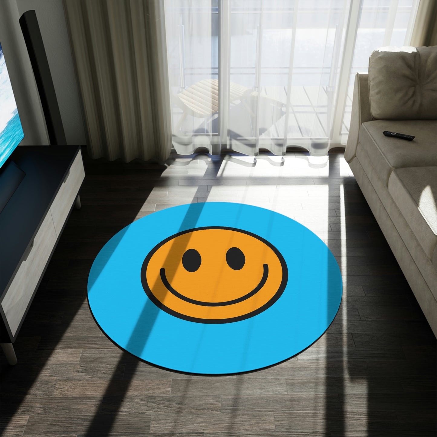 Alfombra Redonda Motivo Happy Face ocre/azul 