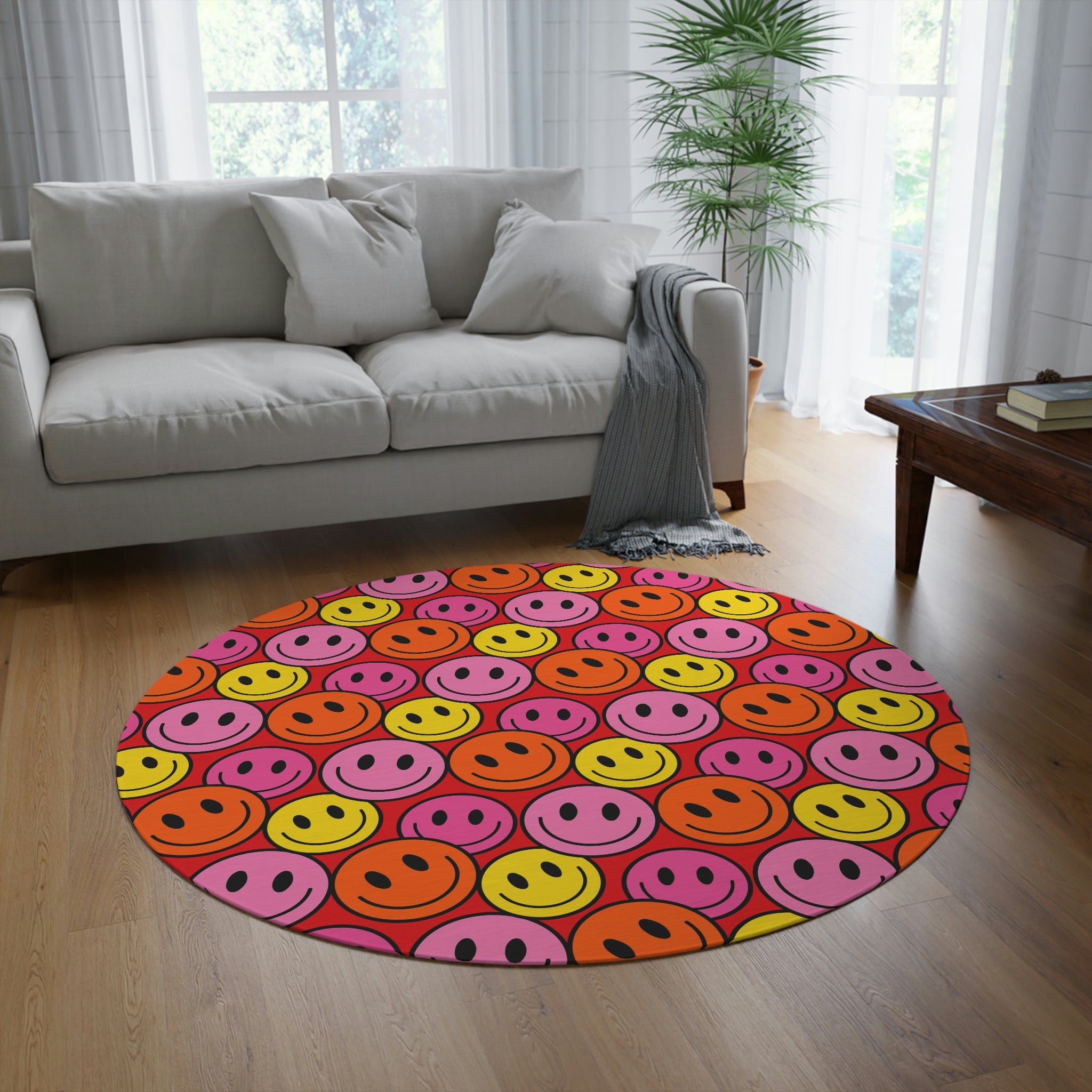 Round Rug Happy Face pattern red/pink