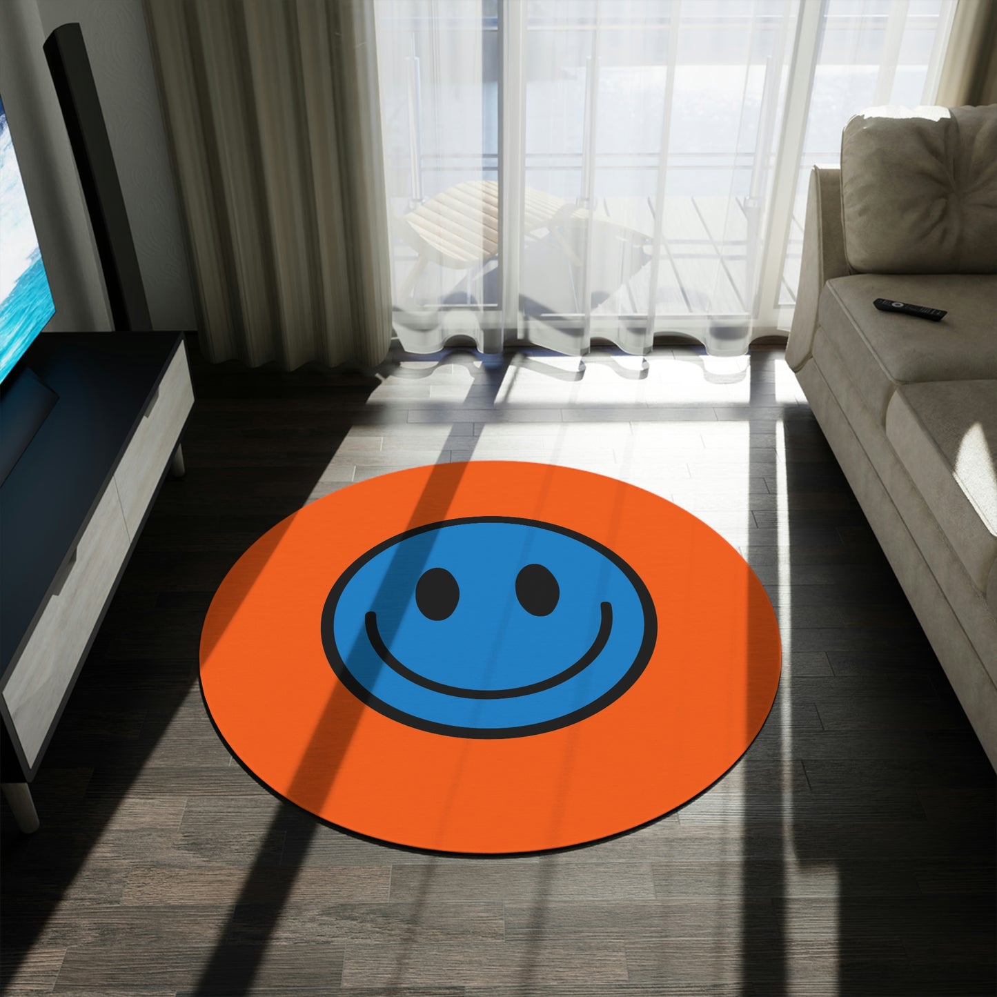 Round Rug Happy Face pattern blue/orange